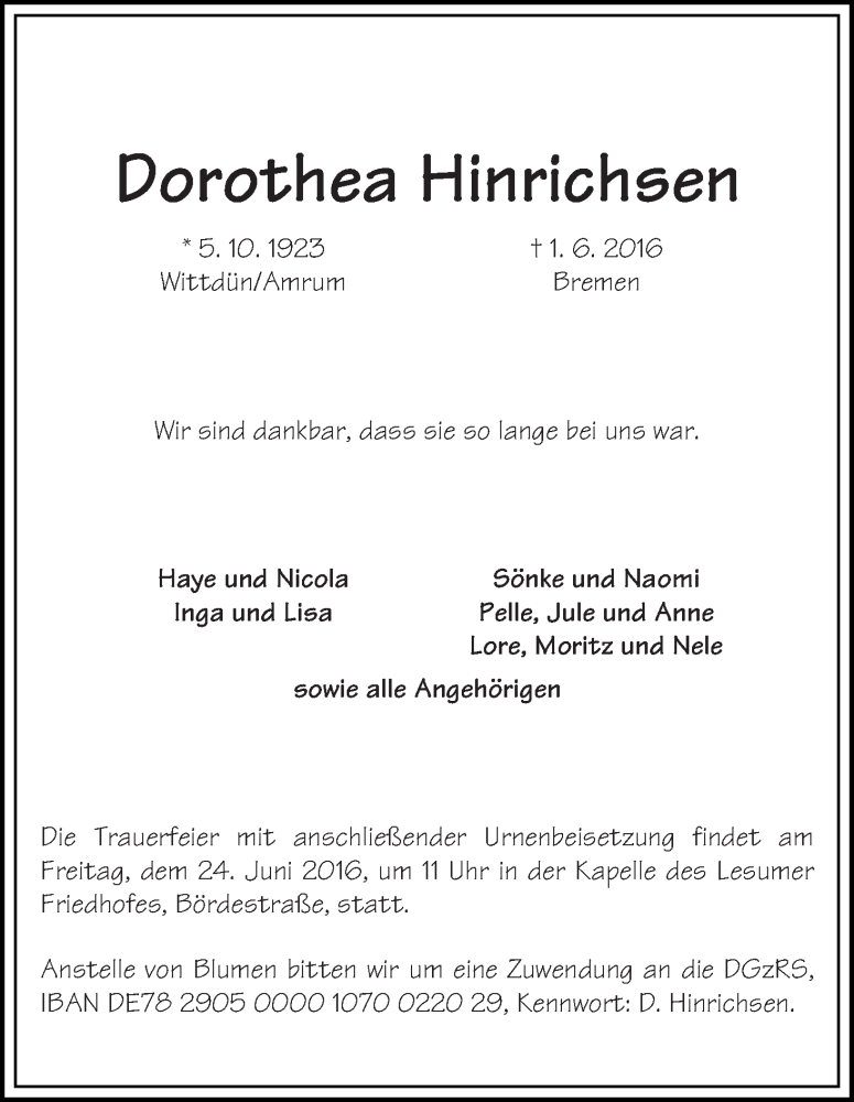 Traueranzeige von Dorothea Hinrichsen von Die Norddeutsche