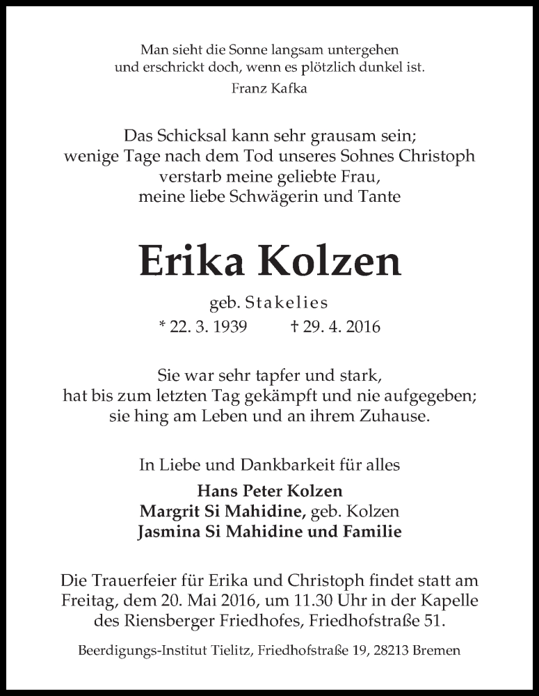 Traueranzeige von Erika Kolzen von WESER-KURIER