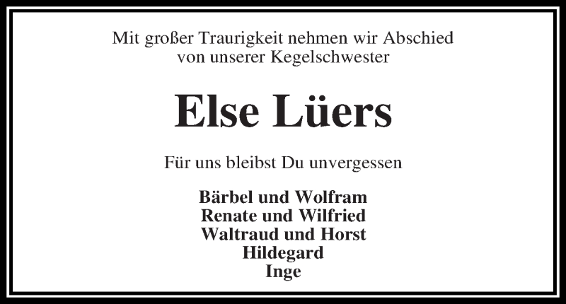 Traueranzeige von Else Lüers von Wuemme Zeitung
