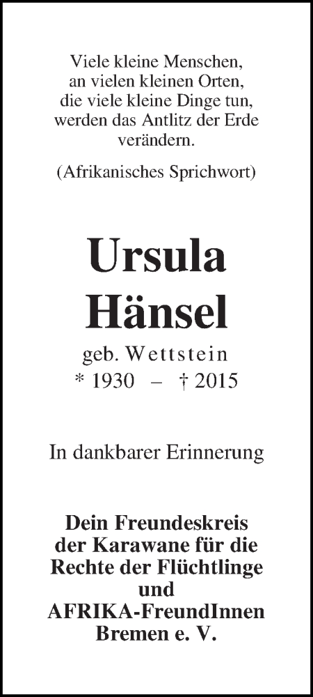  Traueranzeige für Ursula Hänsel vom 28.11.2015 aus WESER-KURIER