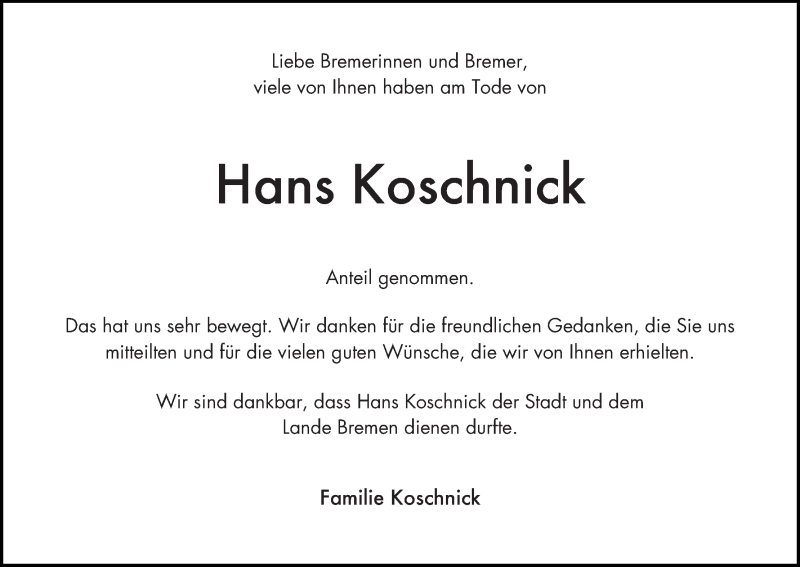  Traueranzeige für Hans Koschnick vom 14.05.2016 aus WESER-KURIER