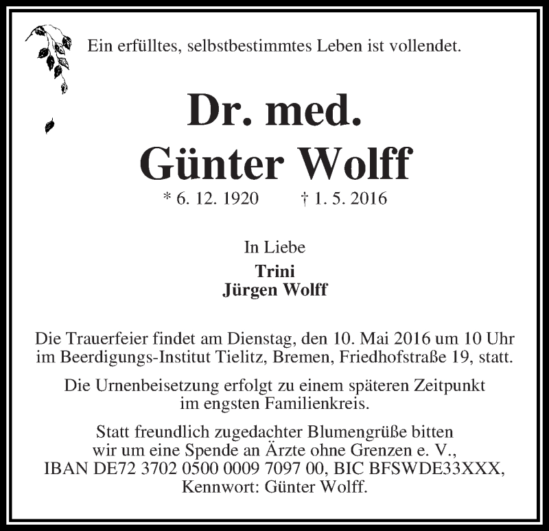 Traueranzeige von Günter Wolff von WESER-KURIER