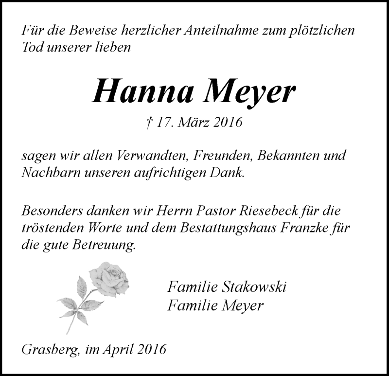 Traueranzeige von Hanna Meyer von Wuemme Zeitung
