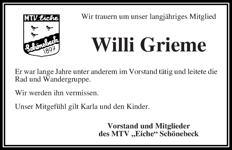 Traueranzeige von Wilhelm Grieme von Die Norddeutsche