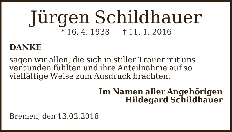  Traueranzeige für Jürgen Schildhauer vom 13.02.2016 aus WESER-KURIER