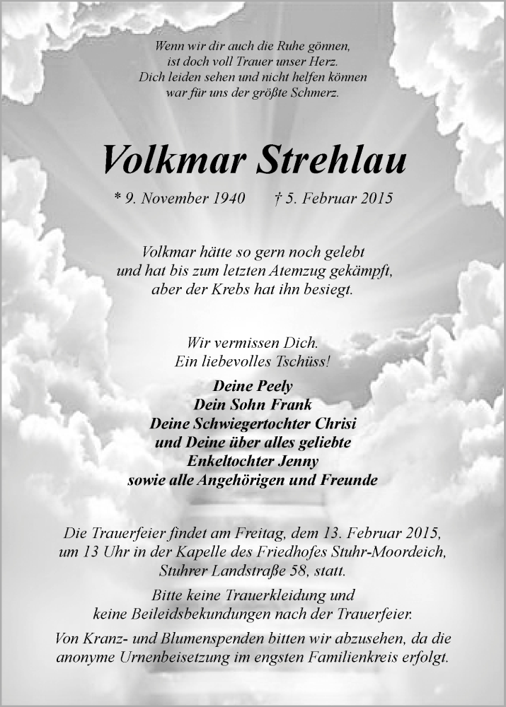 Traueranzeige von Volkmar Strehlau von WESER-KURIER