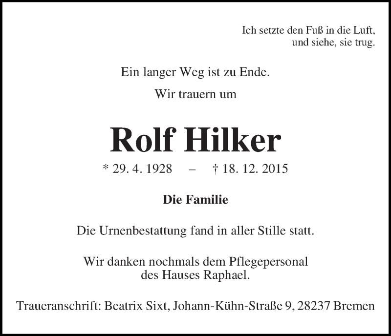 Traueranzeige von Rolf Hilker von Die Norddeutsche