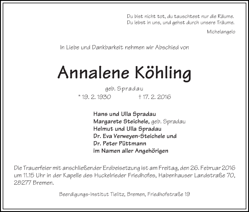Traueranzeige von Annalene Köhling von WESER-KURIER