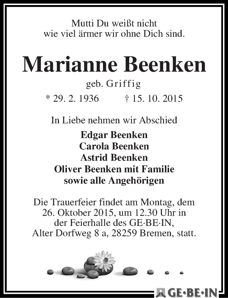 Traueranzeige von Marianne Beenken von WESER-KURIER