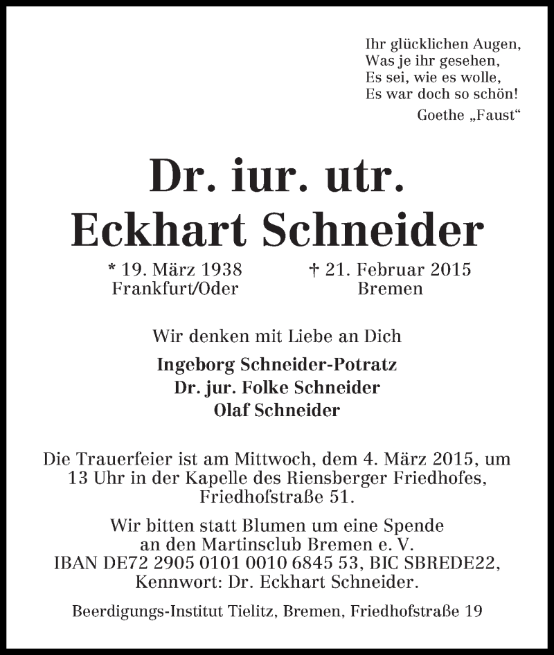 Traueranzeige von Eckhart Schneider von WESER-KURIER