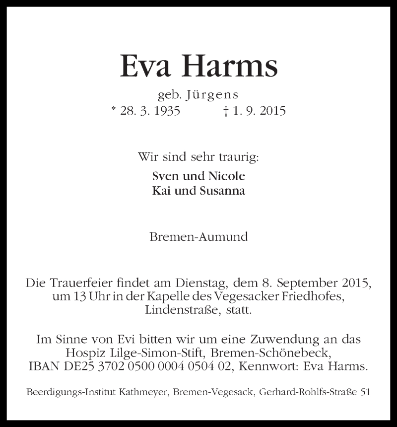 Traueranzeige von Eva Harms von WESER-KURIER
