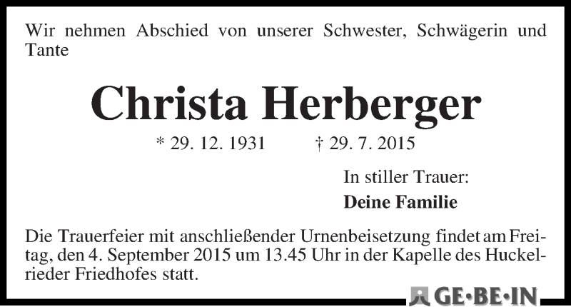 Traueranzeige von Christa Herberger von WESER-KURIER