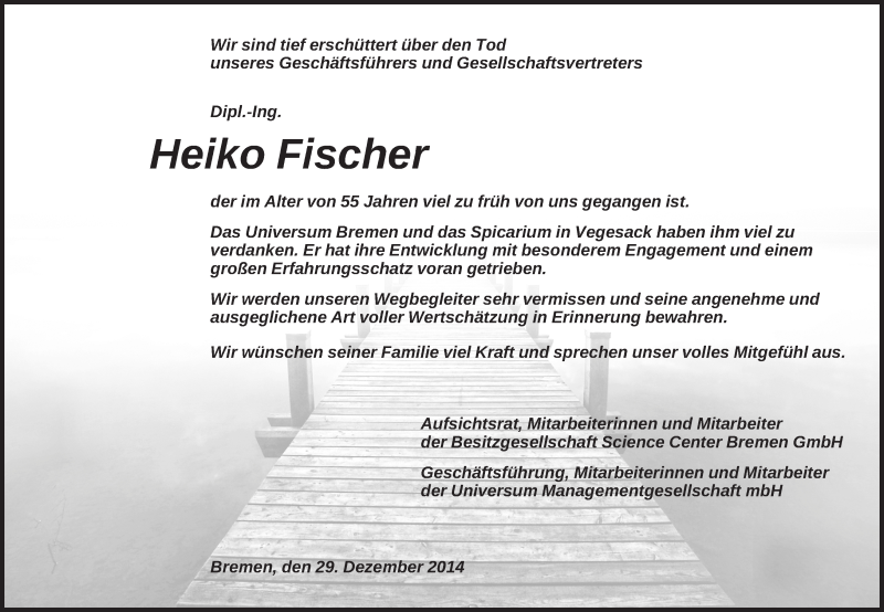  Traueranzeige für Heiko Fischer vom 31.12.2014 aus WESER-KURIER