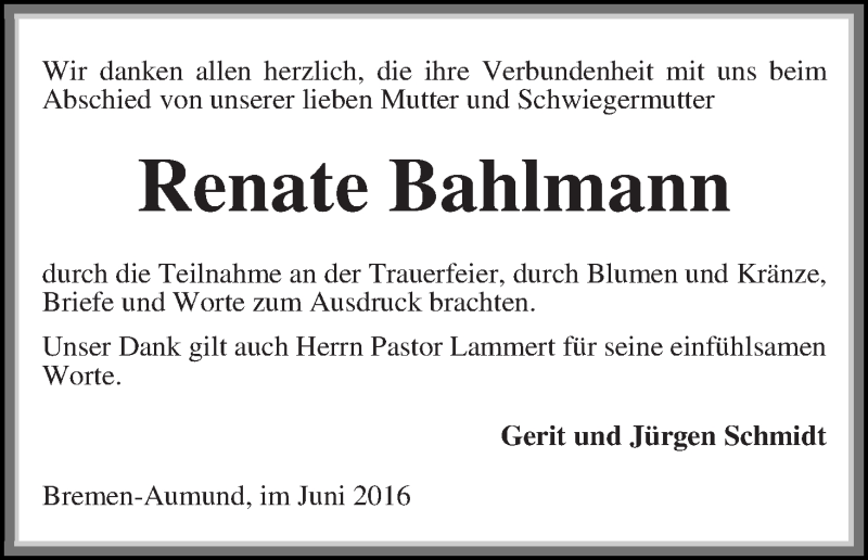  Traueranzeige für Renate Bahlmann vom 11.06.2016 aus Die Norddeutsche