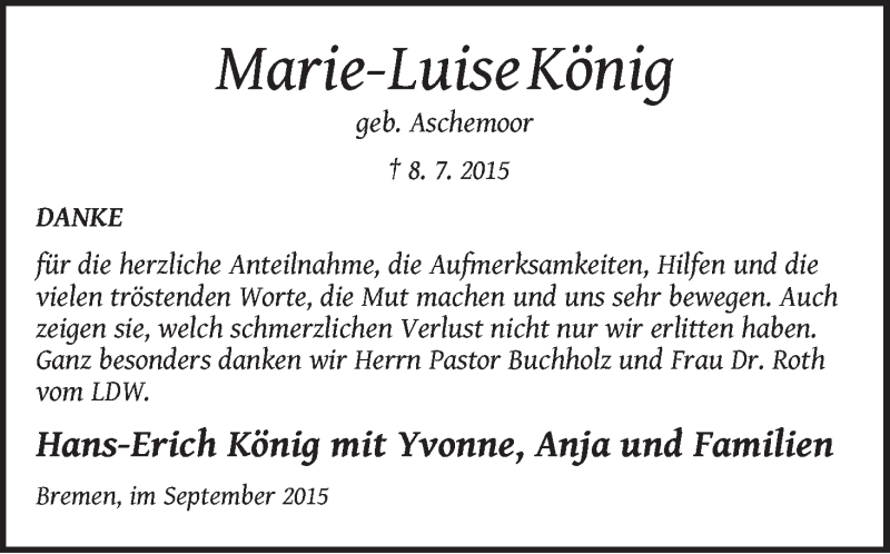 Traueranzeige von Marie-Luise König von WESER-KURIER