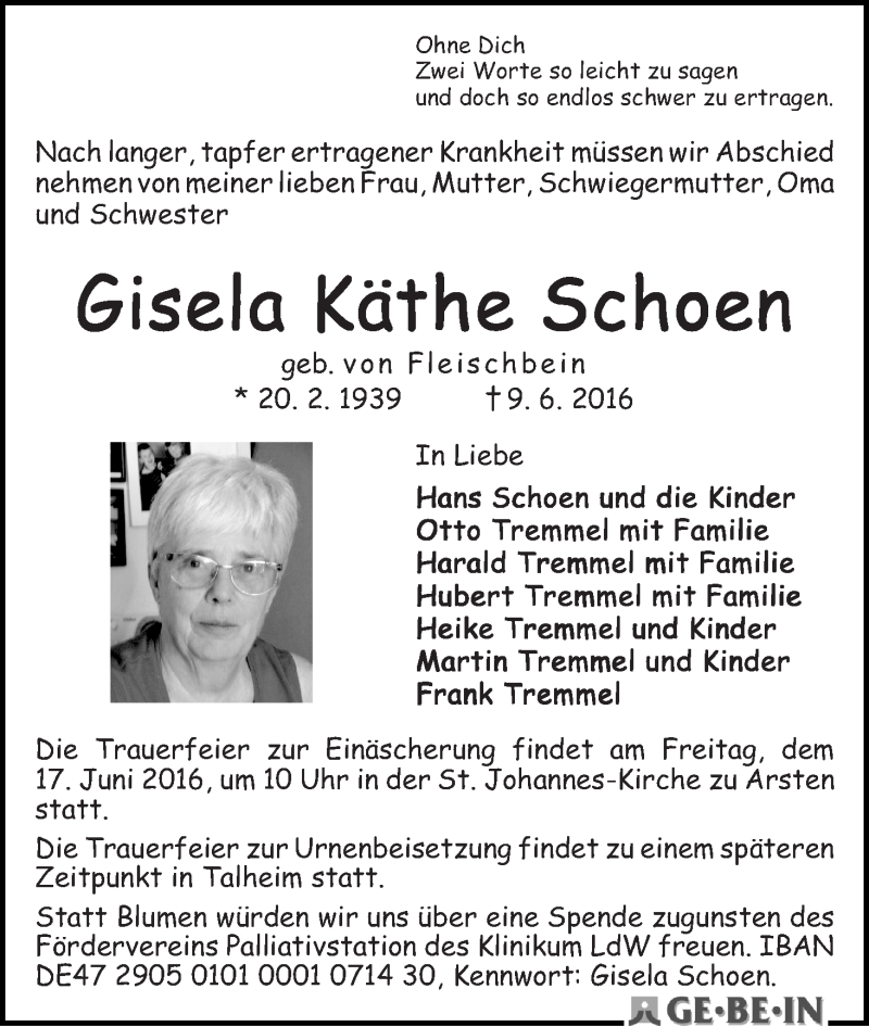 Traueranzeige von Gisela Käthe Schoen von WESER-KURIER