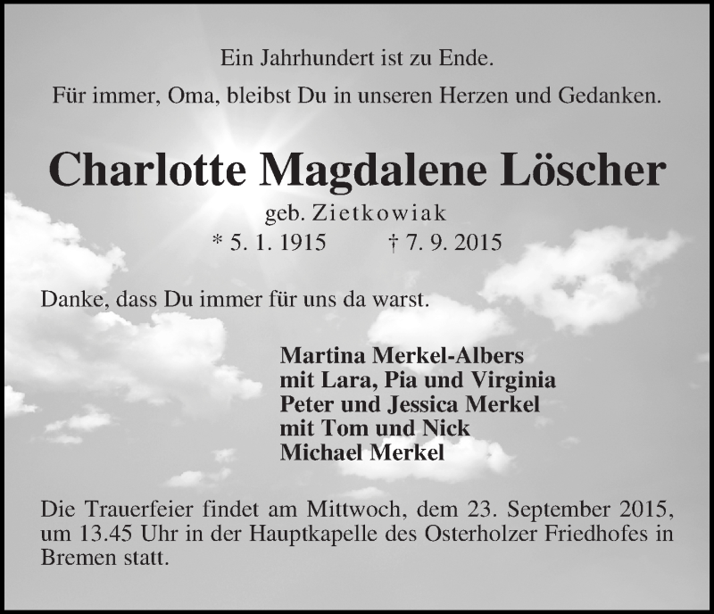 Traueranzeige von Charlotte Magdalene Löscher von WESER-KURIER