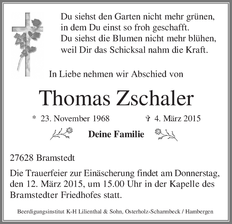  Traueranzeige für Thomas Zschaler vom 10.03.2015 aus Osterholzer Kreisblatt