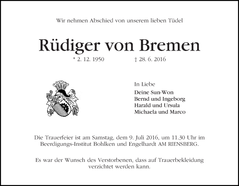  Traueranzeige für Rüdiger von Bremen vom 02.07.2016 aus WESER-KURIER