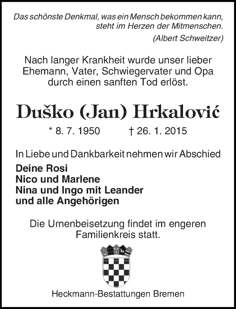 Traueranzeige von Dusko(Jan) Hrkalovic von WESER-KURIER