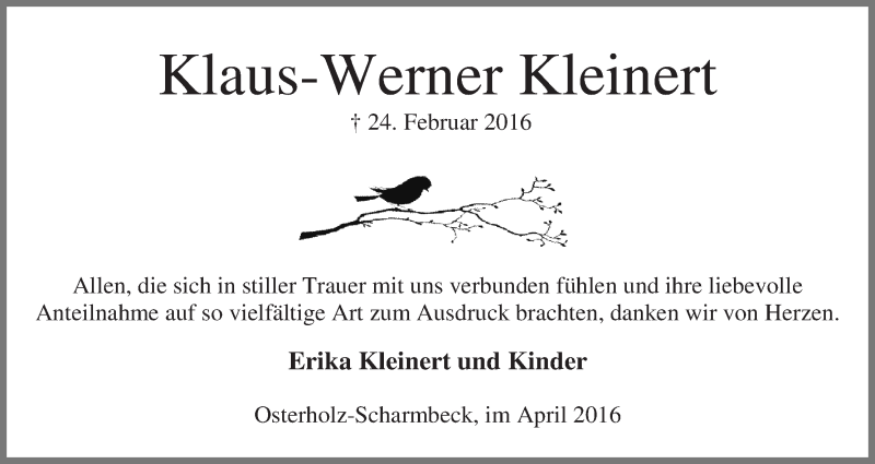 Traueranzeige von Klaus-Werner Kleinert von Osterholzer Kreisblatt