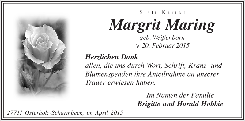 Traueranzeige von Margrit Maring von Osterholzer Kreisblatt