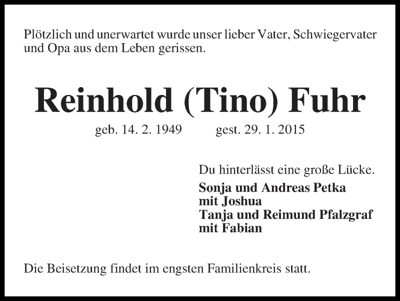 Traueranzeige von Reinhold (Tino) Fuhr von WESER-KURIER