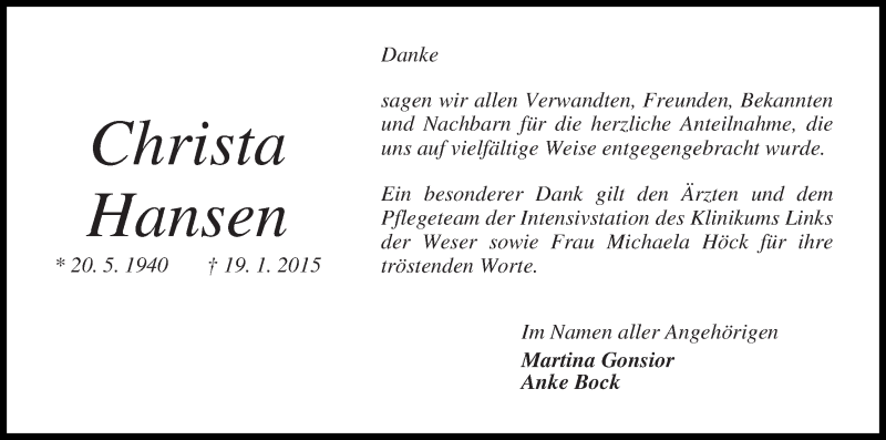 Traueranzeige von Christa Hansen von WESER-KURIER