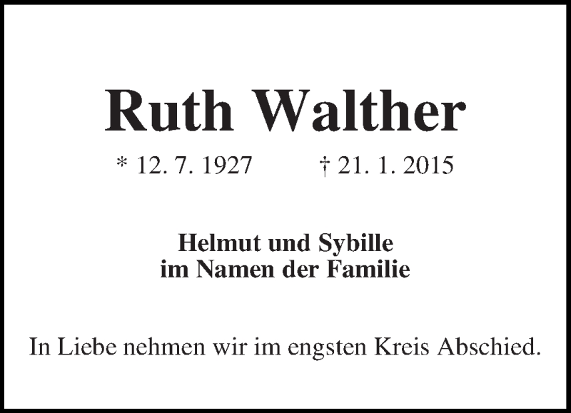 Traueranzeige von Ruth Walther von WESER-KURIER