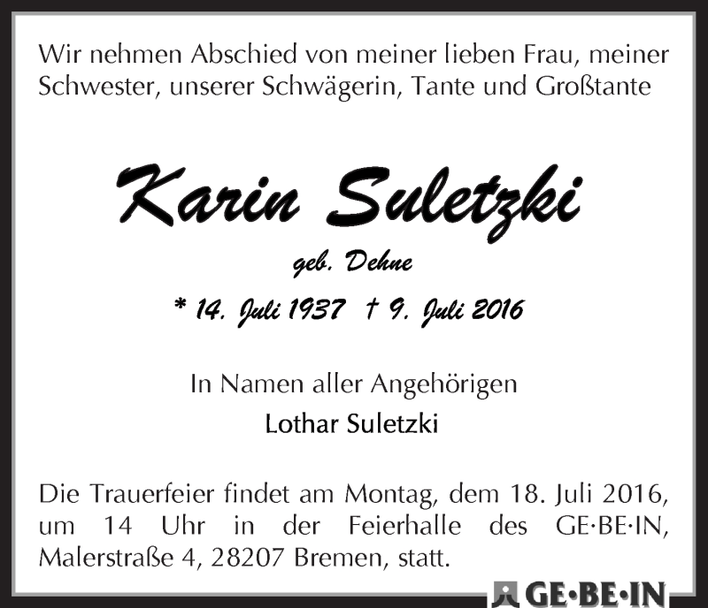 Traueranzeige von Karin Suletzki von WESER-KURIER