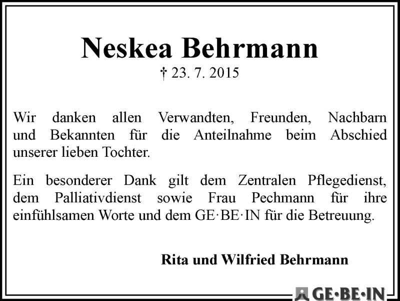 Traueranzeige von Neskea Berhmann von WESER-KURIER