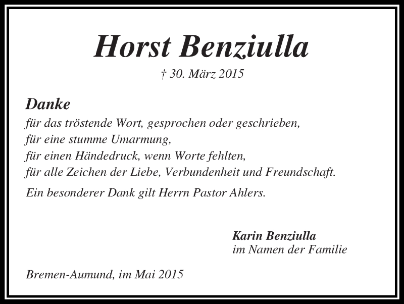 Traueranzeige von Horst Benziulla von Die Norddeutsche