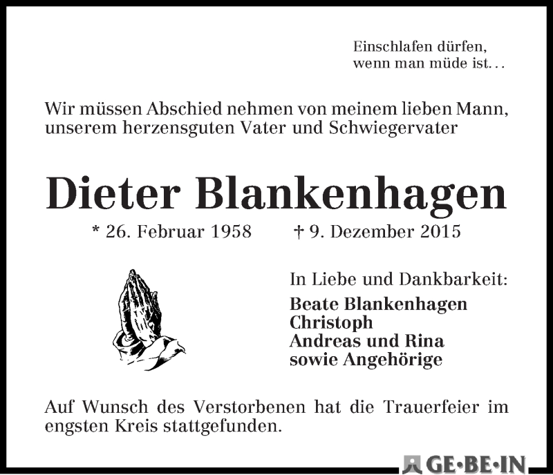  Traueranzeige für Dieter Blankenhagen vom 31.12.2015 aus WESER-KURIER