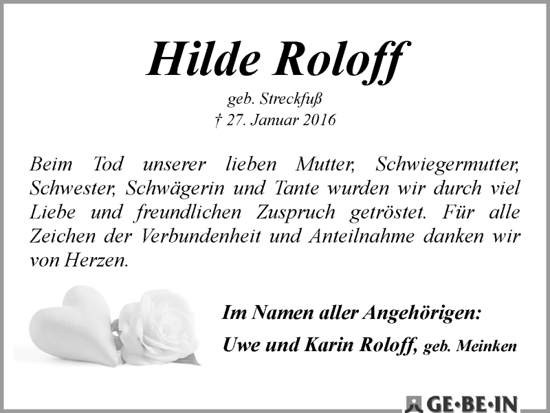 Traueranzeige von Hilde Roloff von WESER-KURIER