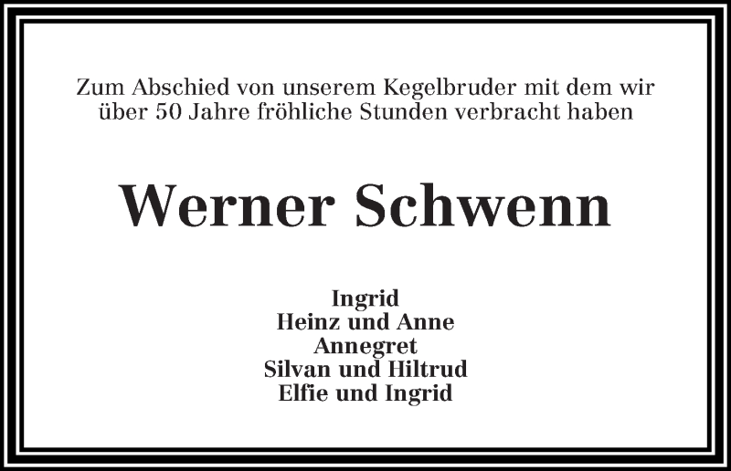 Traueranzeige von Werner Schwenn von WESER-KURIER