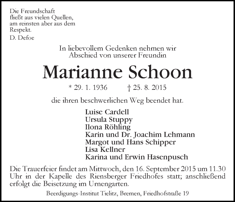 Traueranzeige von Marianne Schoon von WESER-KURIER