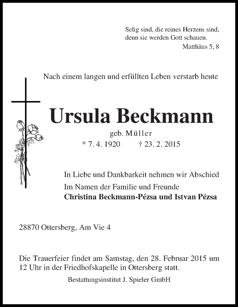 Traueranzeige von Ursula Beckmann von WESER-KURIER