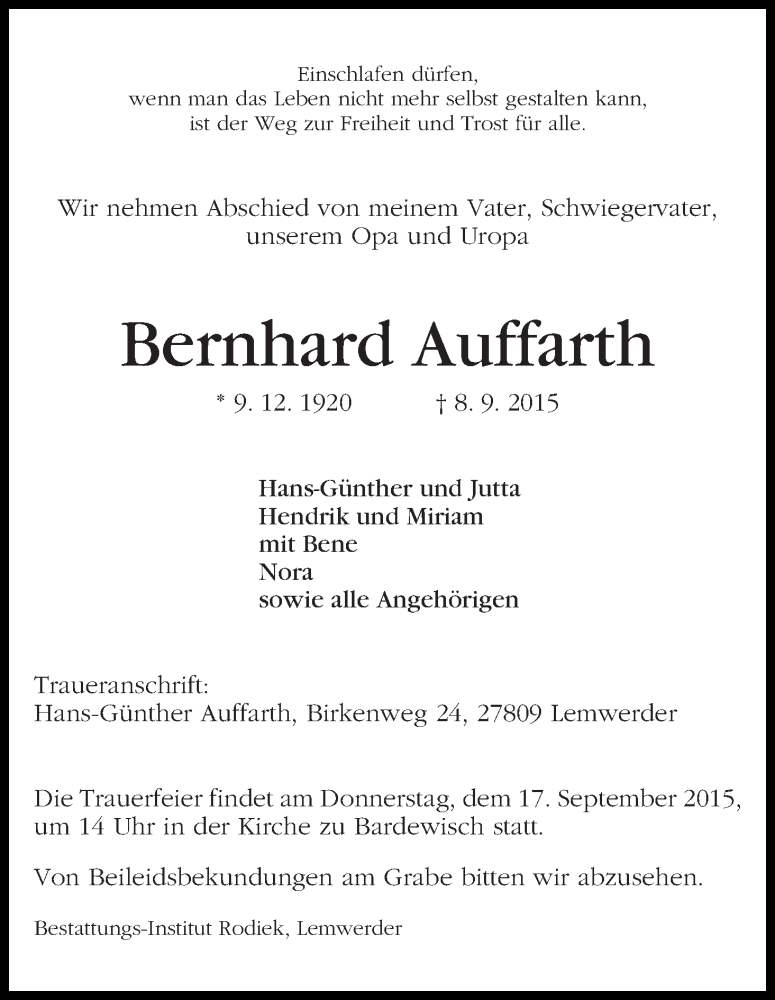 Traueranzeige von Bernhard Auffarth von Die Norddeutsche