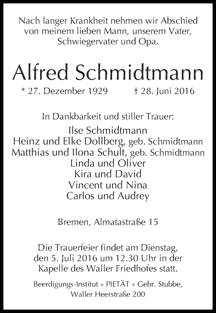 Traueranzeige von Alfred Schmidtmann von WESER-KURIER