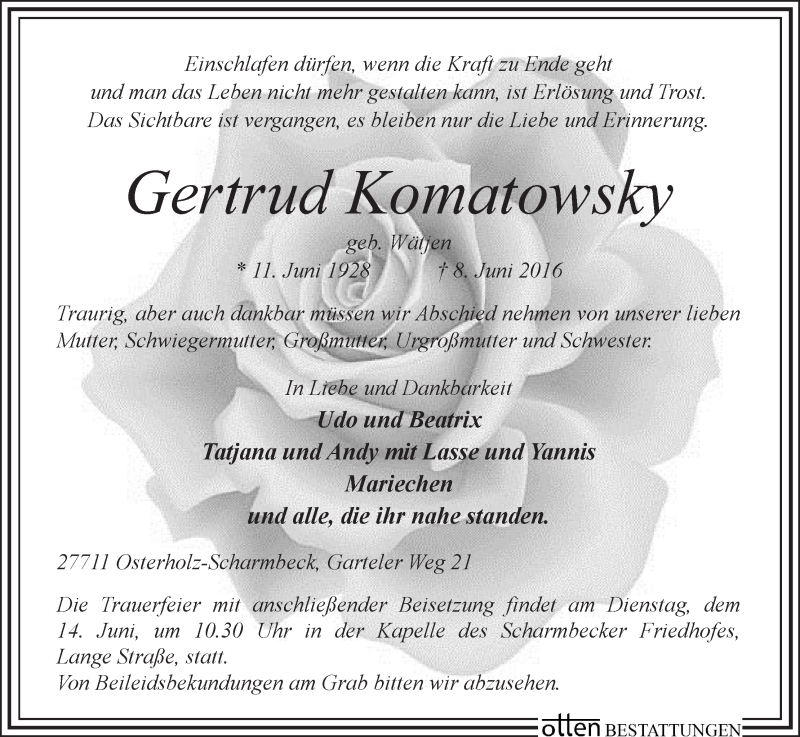 Traueranzeige von Gertrud Komatowsky von Osterholzer Kreisblatt