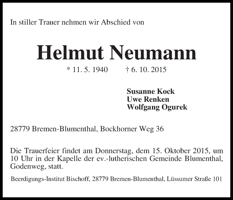 Traueranzeige von Helmut Neumann von Die Norddeutsche