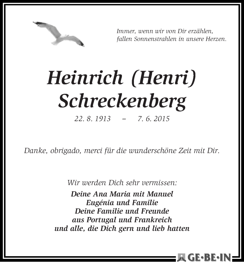 Traueranzeige von Heinrich (Henri) Schreckenberg von WESER-KURIER