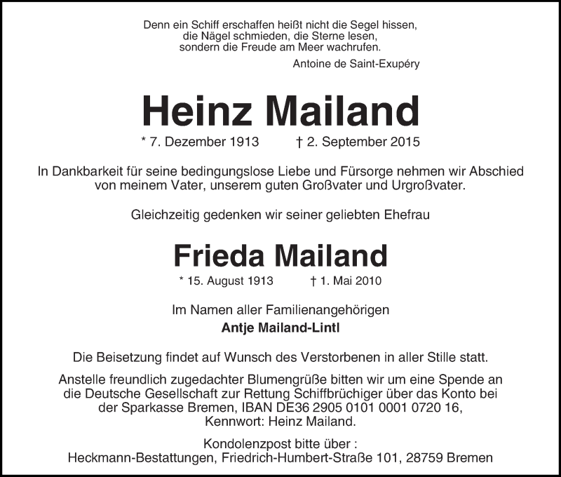 Traueranzeige von Heinz und Frieda Mailand von Die Norddeutsche