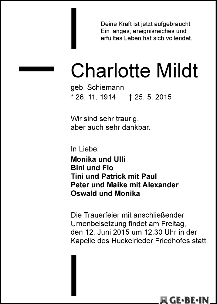 Traueranzeige von Charlotte Mildt von WESER-KURIER