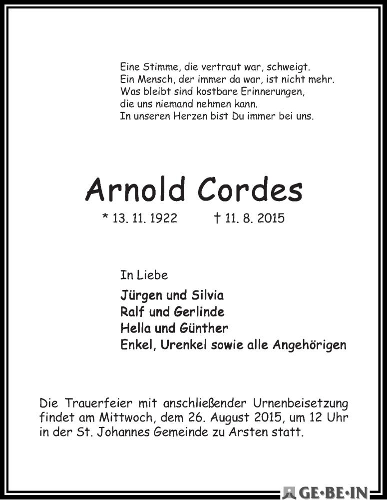 Traueranzeige von Arnold Cordes von WESER-KURIER