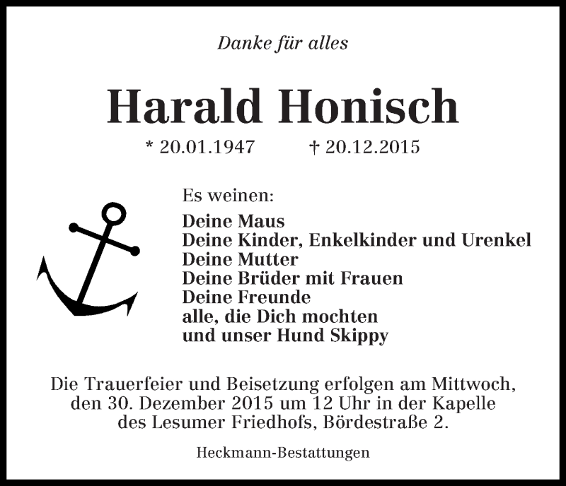 Traueranzeige von Harald Honisch von Die Norddeutsche