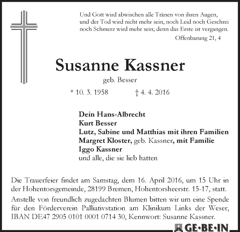 Traueranzeige von Susanne Kassner von WESER-KURIER