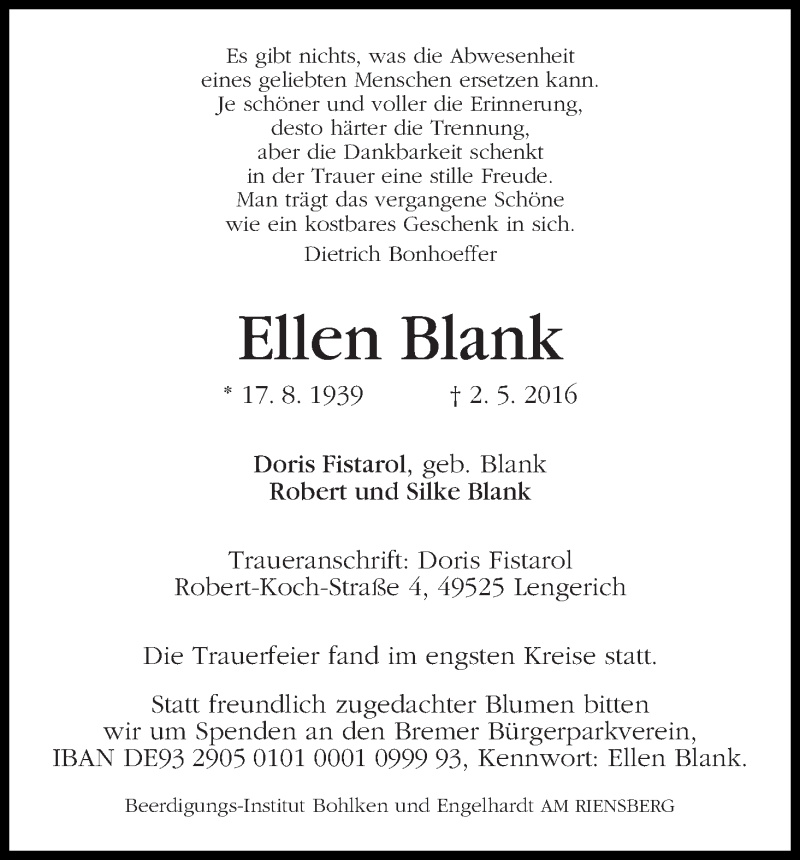  Traueranzeige für Ellen Blank vom 18.05.2016 aus WESER-KURIER