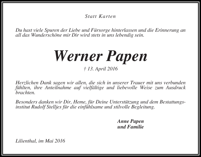  Traueranzeige für Werner Papen vom 20.05.2016 aus Wuemme Zeitung