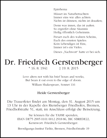 Traueranzeige von Friedrich Gerstenberger